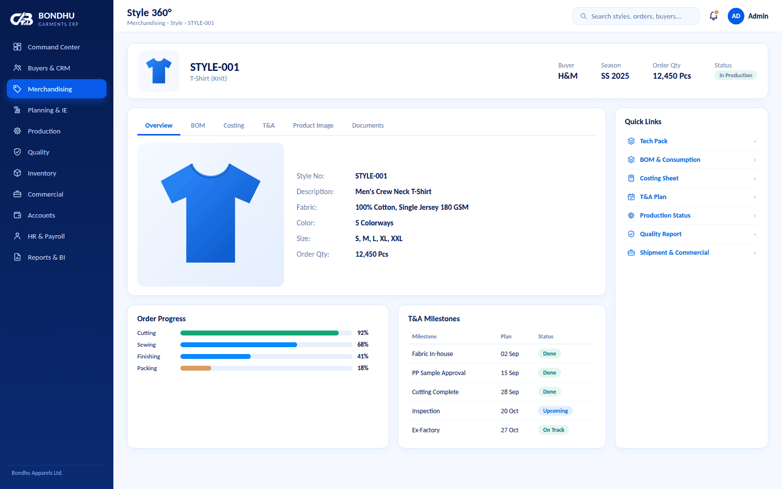 Style 360° screen for STYLE-001 with overview, BOM, costing and T&A tabs, order progress and quick links
